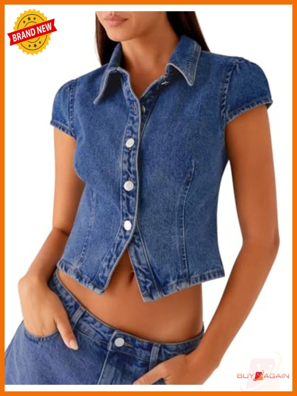 Cropped Denim Shirt Women Button Down Short Sleeve Collared Top Fitted Jean